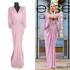 Vintage Tadashi Dress 1980s Pink Jersey Evening Gown W/ Beads Sequins & Draping
